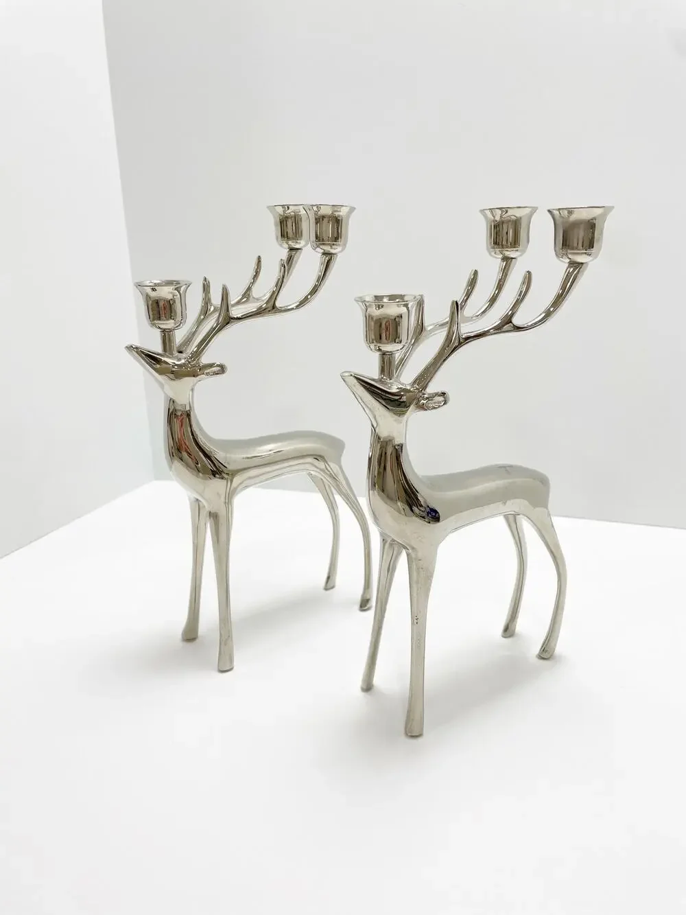 Pottery Barn Reindeer Candelabra Candles Sliver Stick Holder Holds 3 Christmas